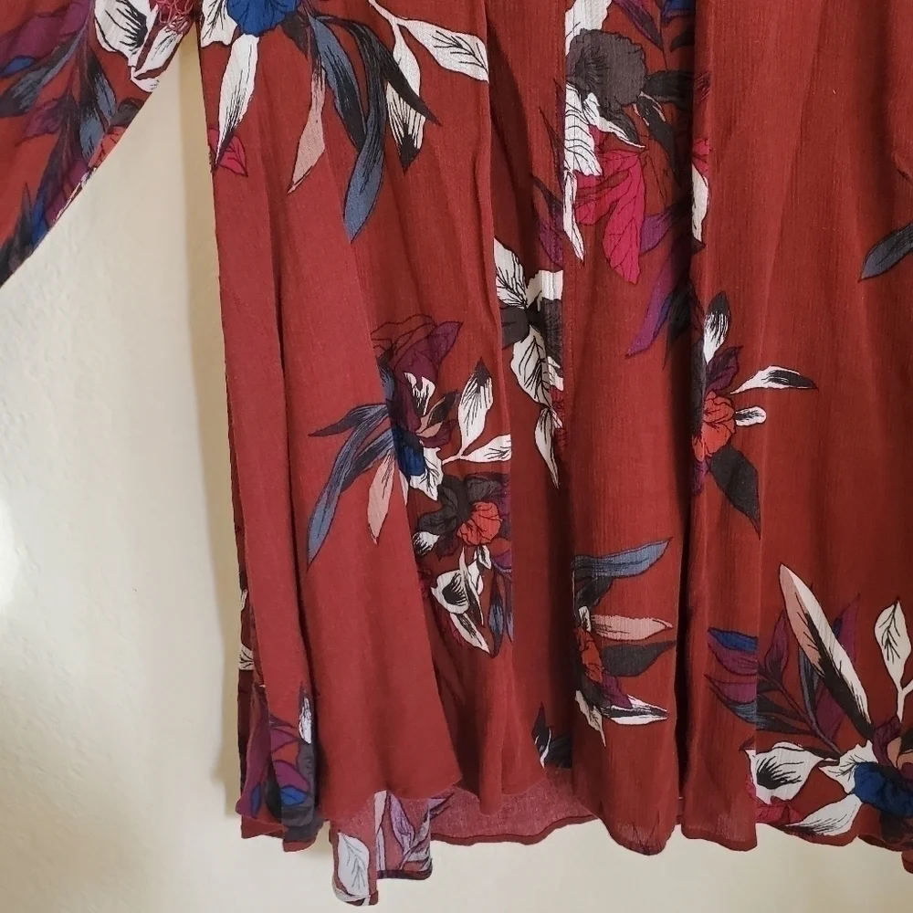 Free People Floral Electric Orchid Maroon Red Keyhole Tunic Dress Boho Casual XS